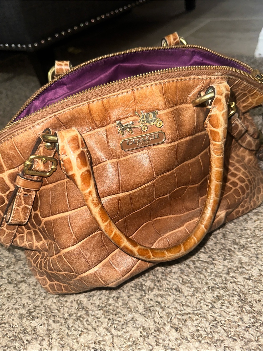 Coach Brown Croc-Embossed Leather Satchel with Gold Hardware - Picture 13 of 16